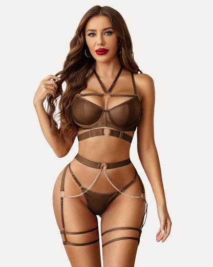 5 Stück Leder Push Up BH mit Kette