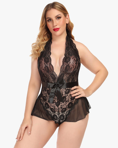 Spitze Teddy Bodysuit Halter V-Ausschnitt Einteiler