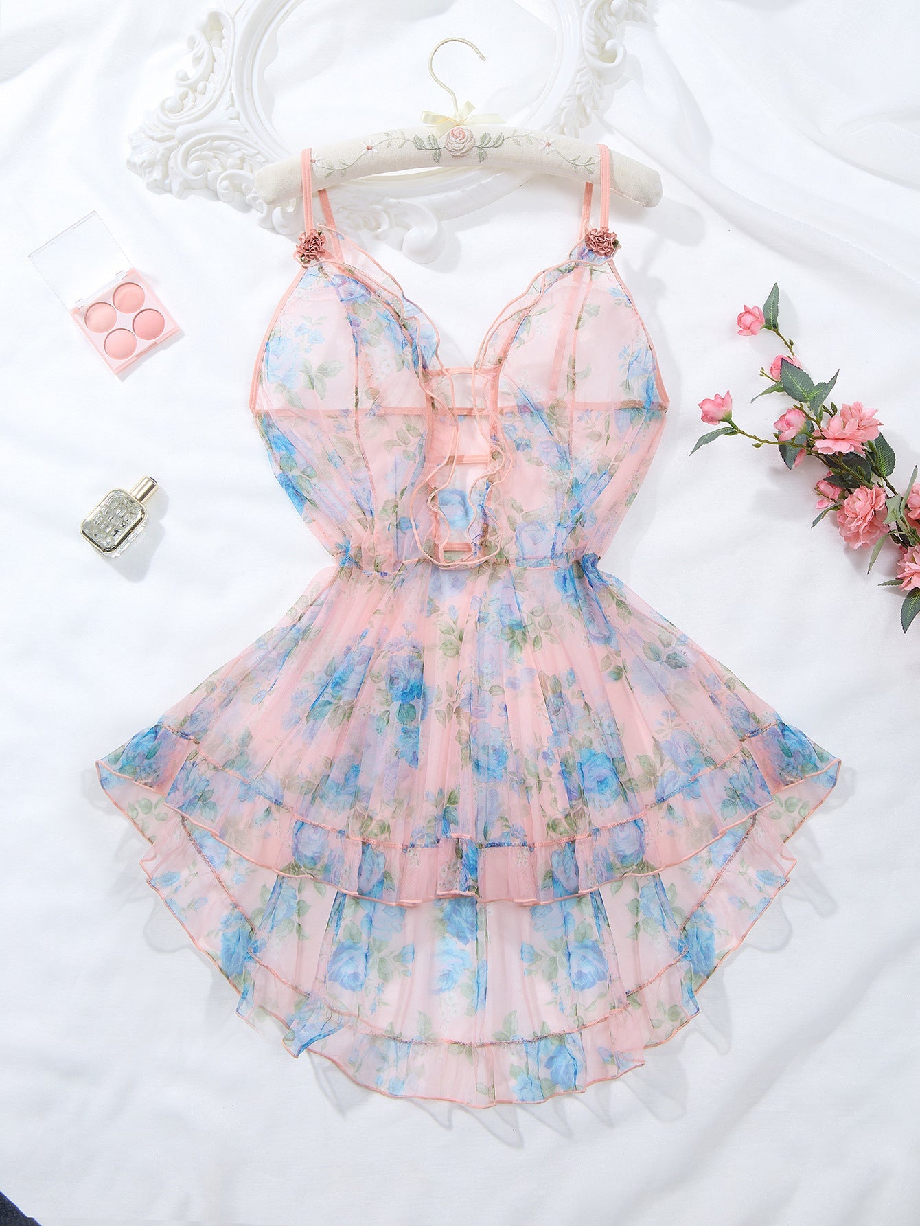 Transparentes Babydoll in Großen Größen mit Blumenmuster und Rüschen
