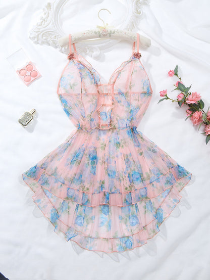 Transparentes Babydoll in Großen Größen mit Blumenmuster und Rüschen