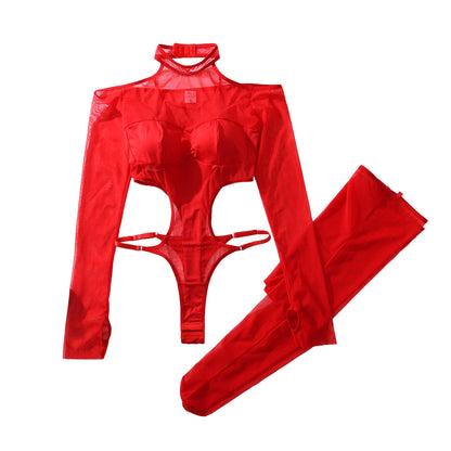 Durchsichtiger Netz-Bodystocking mit Cut-Outs, Neckholder und offenem Schritt
