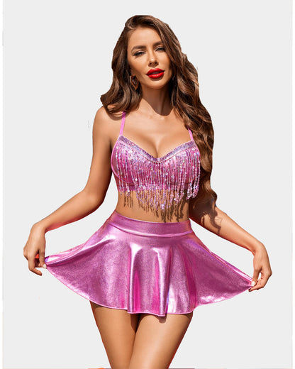 Rave Outfits Pailletten Fransen Kostüm Set