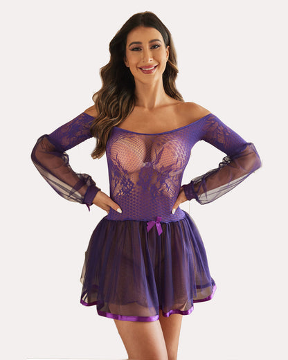 Babydoll-Kleid mit Spitze und langen Ärmeln Nachtwäsche