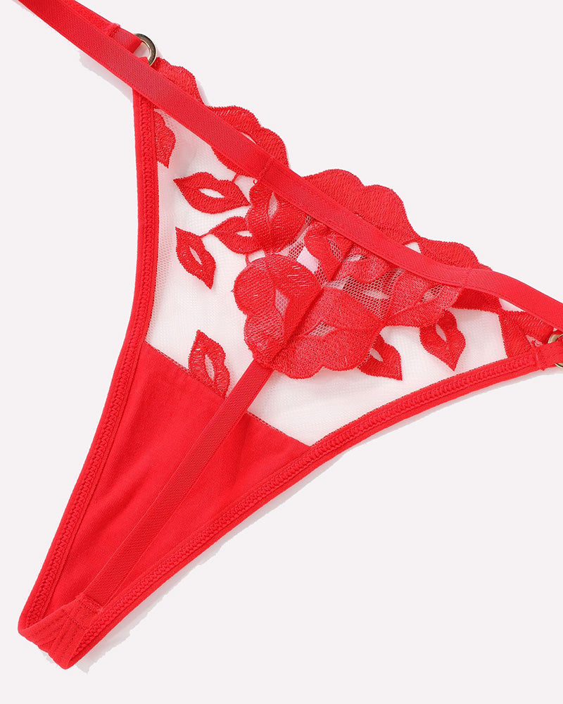 Kiss Print Embroidery Garter Lingerie Sets