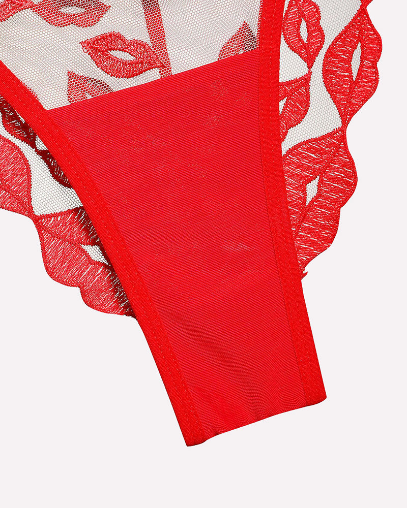 Kiss Print Embroidery Garter Lingerie Sets