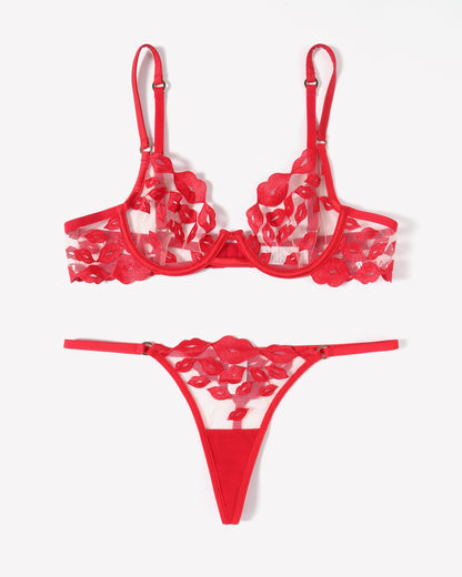 Kiss Print Embroidery Garter Lingerie Sets