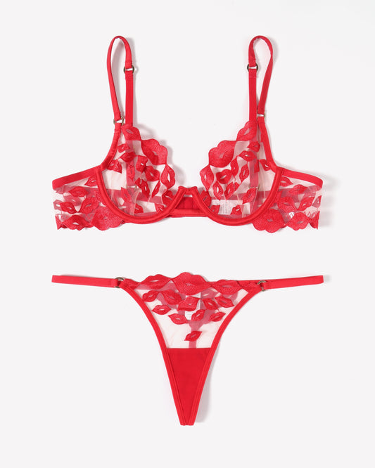 Kiss Print Embroidery Garter Lingerie Sets