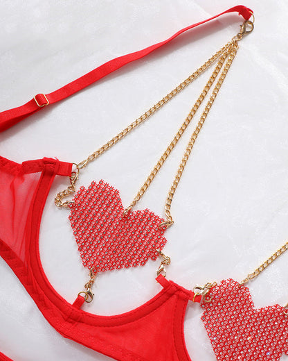 Love Heart Kette Mesh 5PCS Dessous Set