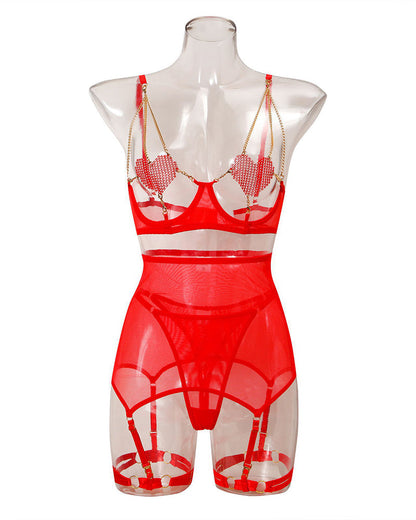 Love Heart Kette Mesh 5PCS Dessous Set