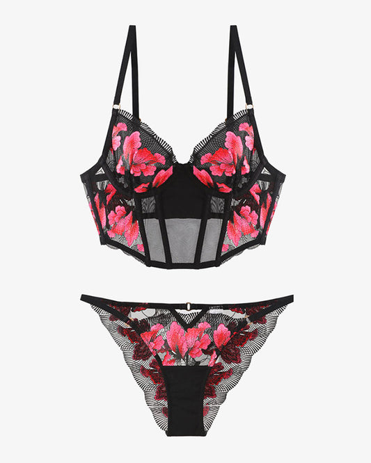 Bestickter Korsett-BH und Panty 2 Sets