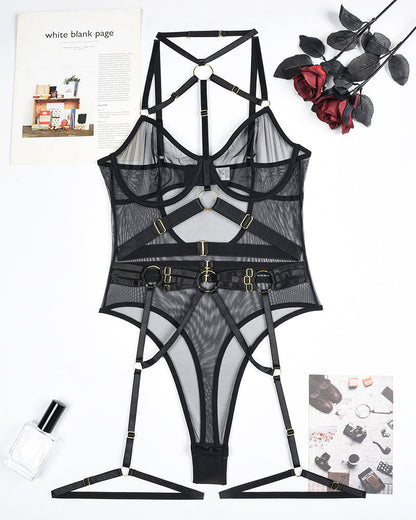Leopard Mesh Bodysuit with Steel Ring