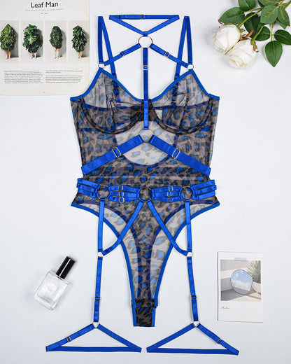 Leopard Mesh Bodysuit with Steel Ring