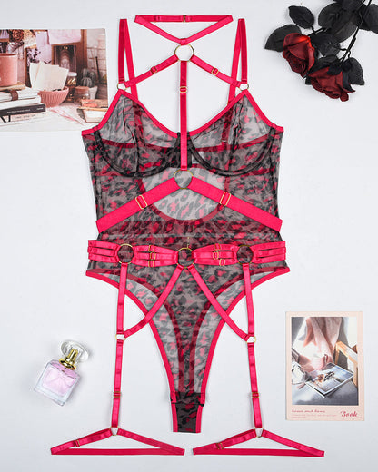 Leopard Mesh Bodysuit with Steel Ring