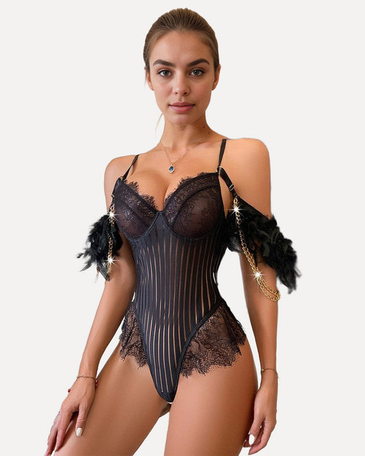 Ketten-Feder-Wimpern-Spitzen-Bodysuit