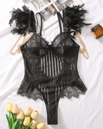 Ketten-Feder-Wimpern-Spitzen-Bodysuit