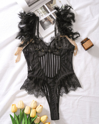 Ketten-Feder-Wimpern-Spitzen-Bodysuit