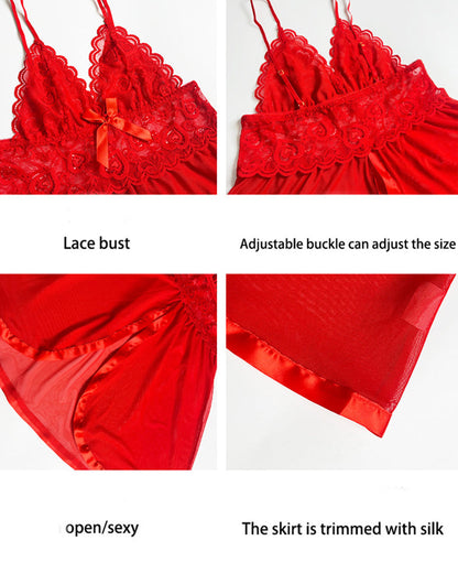 Mesh-Slipkleid mit kontrastierender Spitze und Schleifendekor