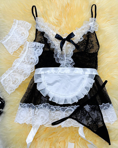 Zimmermädchen Kostüm durchsichtige Spitze Patchwork Kleid Set