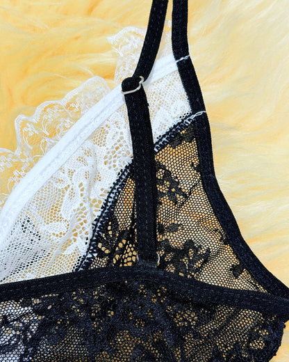 Zimmermädchen Kostüm durchsichtige Spitze Patchwork Kleid Set