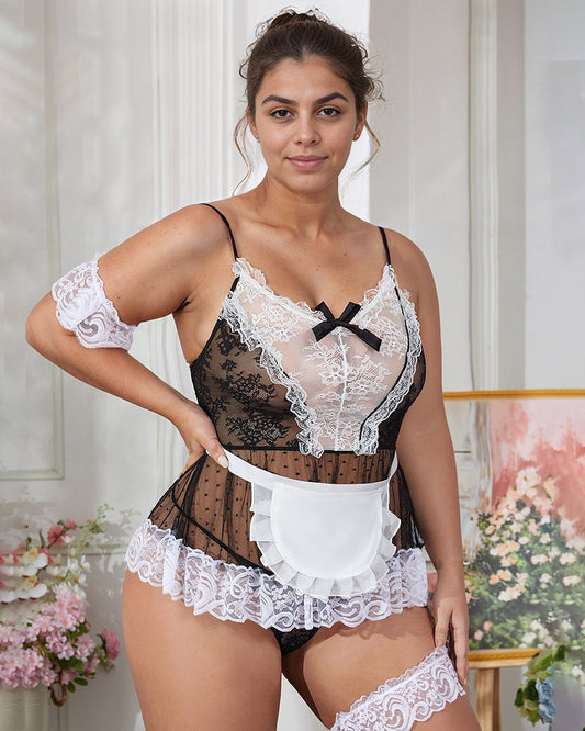 Plus Size durchsichtige Spitze Patchwork Maid Set