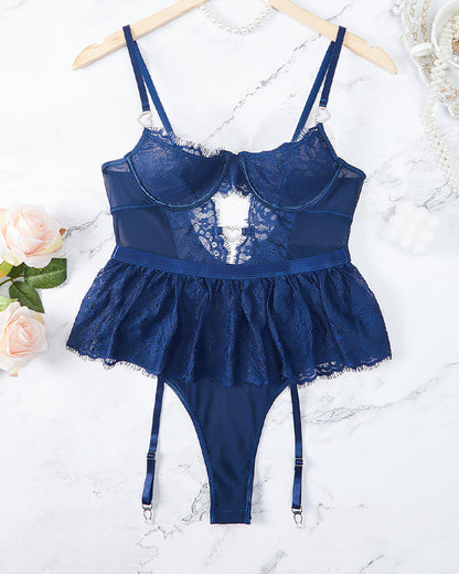 Spitze Hollow Out Bodysuit Mini Rock mit Strumpfband