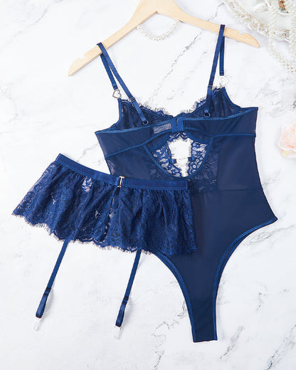 Spitze Hollow Out Bodysuit Mini Rock mit Strumpfband
