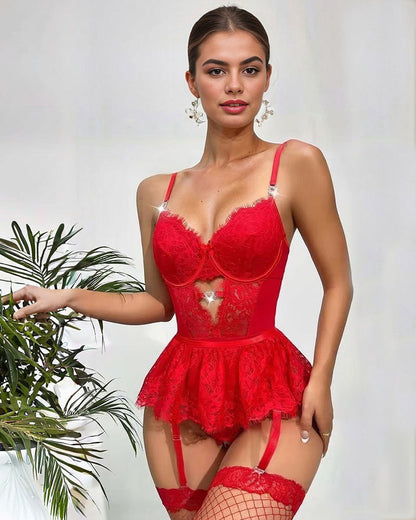 Spitze Hollow Out Bodysuit Mini Rock mit Strumpfband