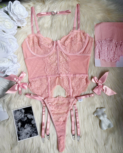 Florales Spitzenkorsett-Dessous-Set mit Strümpfen