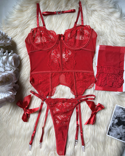 Florales Spitzenkorsett-Dessous-Set mit Strümpfen