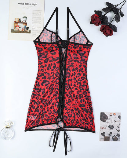Leopard Rückenfreies Mini-Kleid mit Spitze