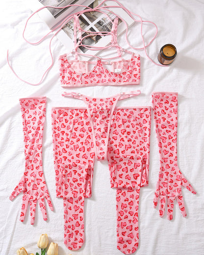 Leopard Mesh Handschuhe und Strümpfe Dessous Set