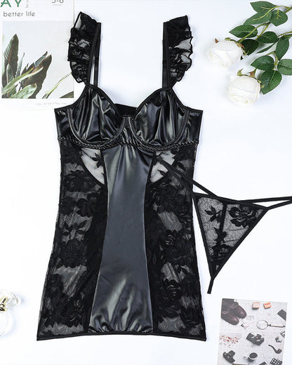 Leather Lace Ruffles Lingerie Set
