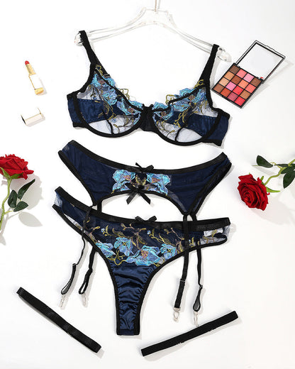 Bestickter Mesh-Spitzen-BH-Set in Übergröße
