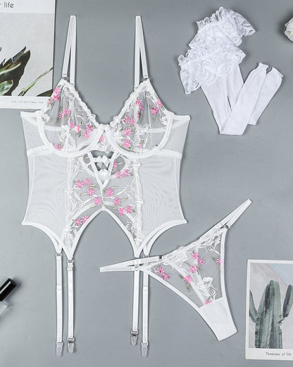 Flower Embroidered Stockings Bra Set