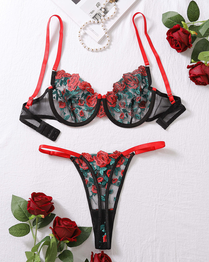 Durchsichtiges BH-Set mit floraler Stickerei