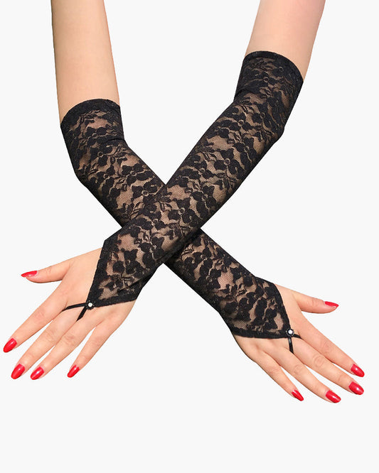 Schwarze fingerlose Handschuhe mit Spitze und Blumenmuster