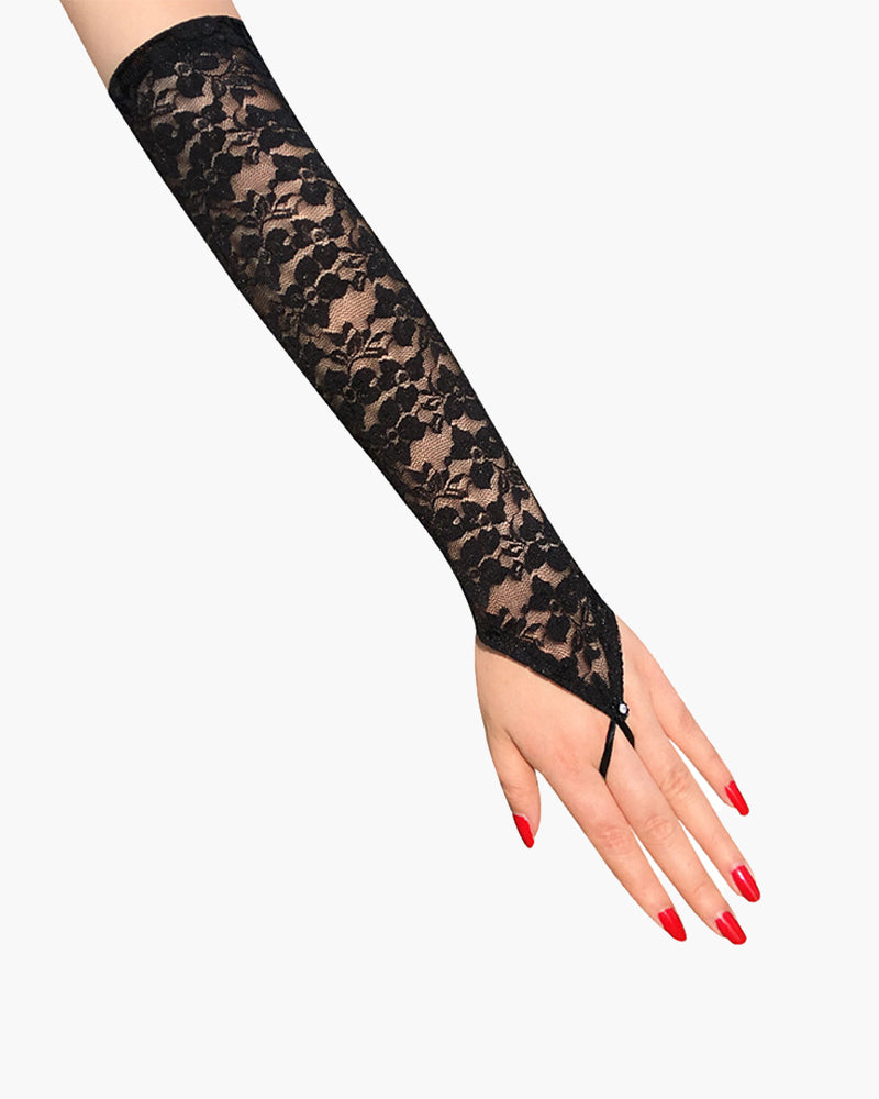 Schwarze fingerlose Handschuhe mit Spitze und Blumenmuster