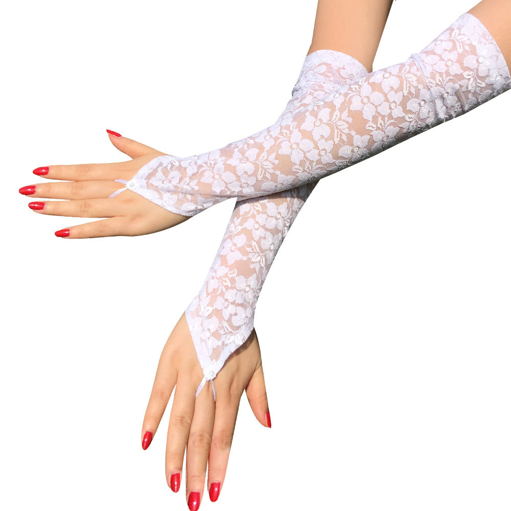 Schwarze fingerlose Handschuhe mit Spitze und Blumenmuster