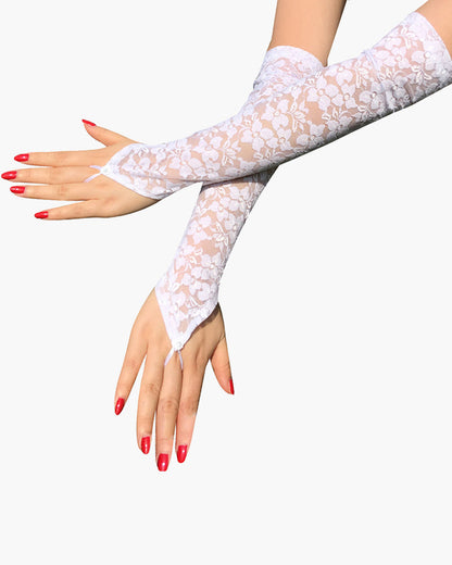 Schwarze fingerlose Handschuhe mit Spitze und Blumenmuster