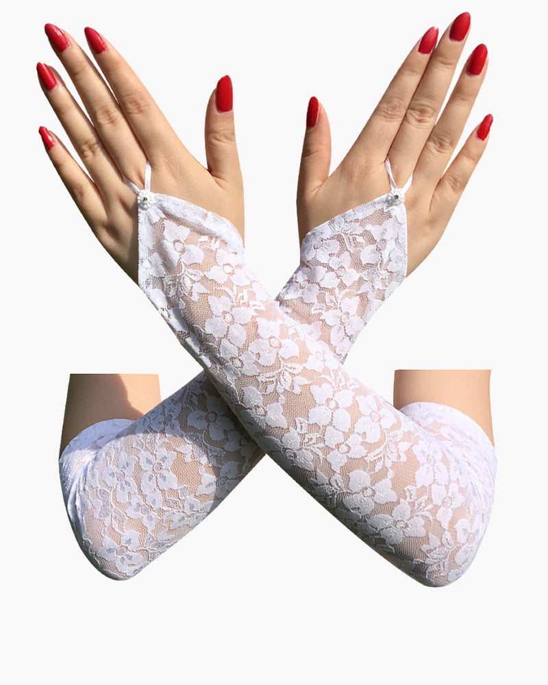 Schwarze fingerlose Handschuhe mit Spitze und Blumenmuster